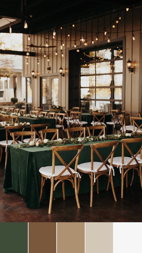 A rustic fall wedding color palette for Jess & Ben Higgin’s rustic chic November wedding reception décor at The Estate at Cherokee Dock, one of the best Tennessee wedding venues. Their forest green and champagne wedding color scheme was the perfect pick for their rustic outdoor wedding. Click through for their full November wedding décor and fall wedding inspiration. We offer luxury weddings in Nashville and worldwide. Rustic fall wedding tablescapes, November wedding aesthetic Gold Wedding Ideas Color Schemes, Green Gold Brown Wedding Colors, Montana Wedding Colors, Fall Color Palette Wedding Rustic, Green And Tan Wedding Theme, Pine Green And Gold Wedding, Dark Green Western Wedding, Green And Navy Wedding Colors, October Wedding Palette