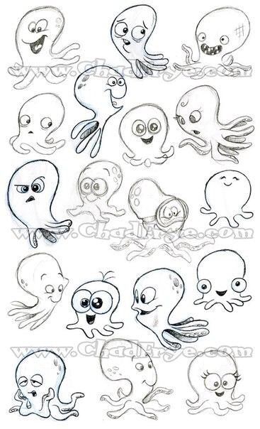 Easy and funny octopuses Baby Face Drawing, Octopus Drawing, Octopus Illustration, Cute Octopus, Octopus Tattoo, Drawing Simple, Cartoon Faces, Cute Cartoon Drawings, Drawing Images