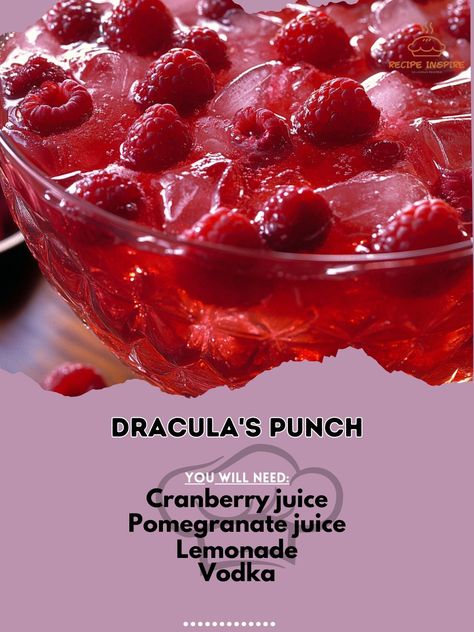 🩸🦇 Dracula's Punch—Sip on this dark and delicious punch perfect for your spooky Halloween gatherings! 🧛‍♂️🩸 #DraculasPunch #HalloweenCocktails Dracula's Punch Ingredients: Cranberry juice (2 cups) Pomegranate juice (1 cup) Lemonade (1 cup) Vodka (1 cup) Fresh raspberries (1/2 cup) Ice (as needed) Instructions: In a large punch bowl, combine cranberry juice, pomegranate juice, lemonade, and vodka. Add fresh raspberries and ice. Stir well and serve chilled. 🧛‍♂️🍷 Embrace the darkness with e... Halloween Vodka Punch, Vampire Punch, Pomegranate Lemonade, Vodka Punch, Cranberry Pomegranate, Cranberry Punch, Raspberry Cocktail, Embrace The Darkness, Punch Cocktails