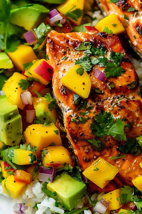 Salmon with Mango Salsa - That Oven Feelin Salmon Mango Salsa Coconut Rice, Baked Salmon Mango Salsa, Salmon Salsa Recipes, Salmon With Salsa, Fish With Mango Salsa Recipe, Fish Mango Salsa, Tilapia With Mango Salsa, Mango Salsa Dinner Recipes, Mango Dinner