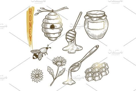 Croquis, Spoon Drawing, Honey Bee Tattoo, Stick Tattoo, Honey Logo, Stick Drawings, Vintage Frames Vector, Honey Spoons, Bee Drawing