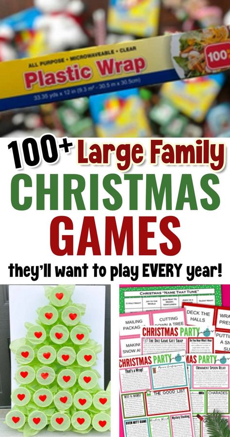 Christmas Party Ideas For Large Groups, Family Game Ideas For Christmas, Family Christmas Dice Roll Game, Family Christmas Eve Games, Christmas Wrapping Game, Board Games For Large Groups, Christmas Tree Games Holiday Parties, Santas Grab Bag Game, Christmas Games For Large Family