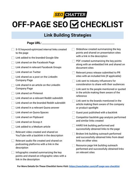 100% FREE off-page SEO checklist and template for you to download, copy, and print. Includes 3 versions: PDF, Excel, and Google Sheet. Use this off-page SEO cheatsheet to set up an effective link building strategy for every page you publish to create a strong foundation of high-quality backlinks for your content. Off Page Seo Checklist, Seo Strategy Template, Off Page Seo Strategy, On Page Seo Checklist, Backlink Strategy, Backlinks Building, Off Page Seo, Website Audit, Seo Checklist