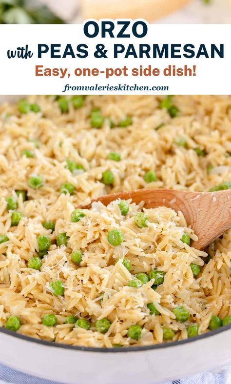 This fresh and bright Orzo with Peas and Parmesan is a versatile and delicious side dish recipe that takes just minutes to make. Lemon Orzo With Peas, Orzo With Peas And Parmesan, Parmesan Orzo And Peas, Orzo Peas Parmesan, Orzo And Peas Recipe, Orzo And Peas, Orzo With Peas, Veggie Casserole Recipes, Pasta Side