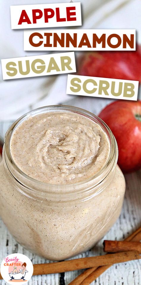 Homemade Apple Cinnamon Sugar Scrub will leave your skin smooth and smelling like apple pie! Makes a fabulous DIY Christmas gift! Cinnamon Sugar Scrub, Sugar Wax Recipe Diy, Body Scrub Homemade Recipes, Sugar Scrub Homemade Recipe, Wax Recipe, Diy Sugar Scrub Recipe, Diy Body Scrub Recipes, Cinnamon Sugar Apples, Diy Body Butter