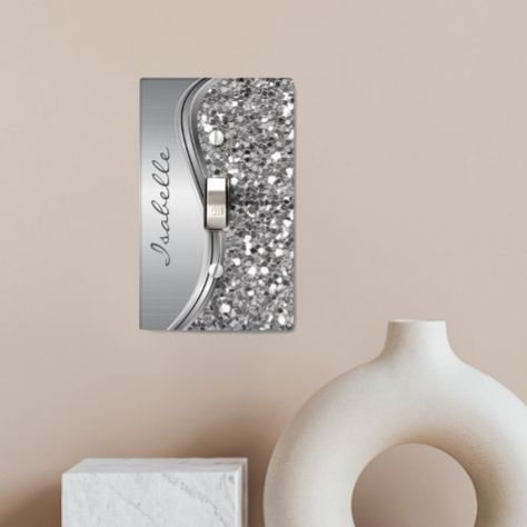 $15.90 | Silver Sparkle Glam Bling Monogram Name Metal #glam, bling, glitter, light switch cover, monogram, name, silver, monogram light switch cover, glitter monogram, glitter light switch cover Bling Ceiling Fan, Bedazzle Ideas, Glitter Light Switches, Mirror Projects, Bling Bathroom, Glam Mirror, Bling Ideas, Nursery Lighting, Canvas Diy