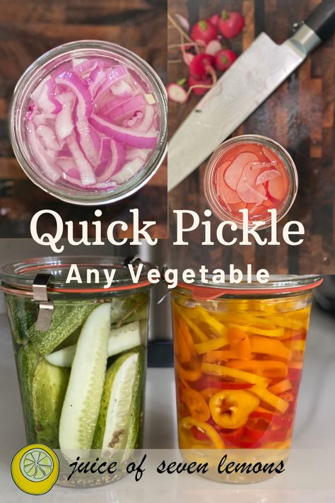 Learn the speedy method of quick pickling and transform any vegetable into zesty flavor bombs. Discover endless pickling possibilities as well as fun ideas on how to use pickled veggies in almost any meal. These pickles will turn your ordinary meal into extraordinary. Fill your fridge with an assortment of these quick and easy pickled vegetables and always have a meal upgrade on hand. 🥒🌶️ #QuickPickles #DIY #PickledVeggies Easy Pickled Vegetables, Pickles With Pickling Spice, Fridge Pickles, Picked Vegetables, Pickled Things, Healthy Chip Alternative, Quick Pickled Radishes, Quick Pickled Vegetables, Refrigerator Pickle Recipes