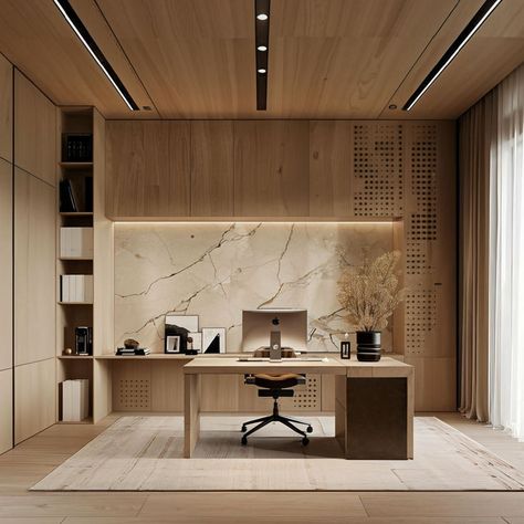 Japandi Home Office in Amsterdam Japanese Office Design, Japandi Office Design, Boss Office Interior Design, Japandi Style Home, Japandi Home Office, Bank Interior Design, Japandi House, Home Office/guest Room, Warm Wood Tones