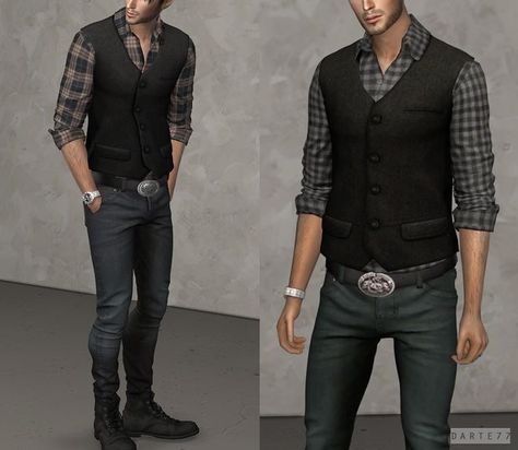 Rolled Up Sleeves Men, Cowboy Sims 4 Cc, Sims 4 Cowboy Cc, Shirt With Vest, Sims 4 Men Clothing, Sims 4 Male Clothes, Sims Stories, Cc Folder, Cc Mods