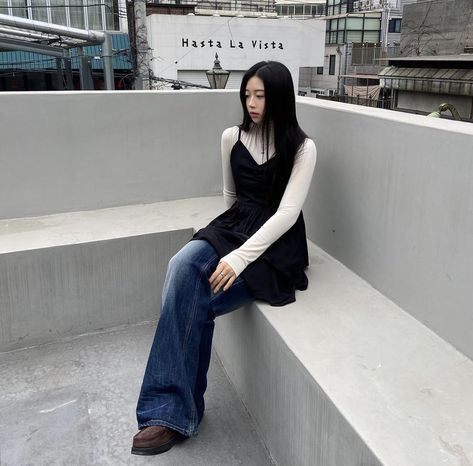 #acubifashion #acubi #koreanfashionoutfits #fashion #gorp #hongdae Pants Under Skirt Y2k, Dress Over Jeans Korean Style, Dress On Jeans Y2k, Korean Hongdae Fashion, Dress Over Pants Outfits Y2k, Acubi Fashion For School, Acubi Fashion Dress, Blue Jeans Korean Outfit, Jeans And Dress Outfit Y2k