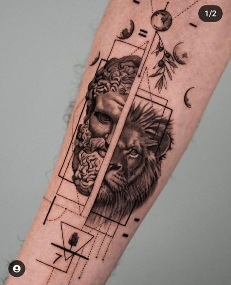 Hercules Lion Tattoo, Geometric Tattoo Half Sleeve, Geometric Realism Tattoo, Hercules Lion, Hercules Tattoo, Lion Forearm Tattoos, Karma Tattoo, Lion Tattoo Sleeves, Lion Head Tattoos