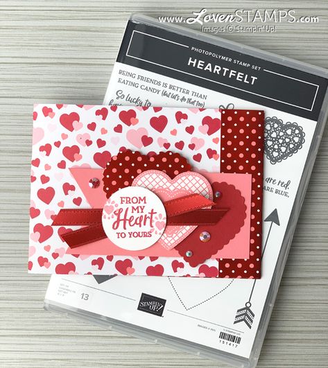 from my heart dsp card base heartfelt punch pack valentine gems stampin up card idea Stampin Up Valentine Cards, Valentines Day Cards Diy, Valentine Card Crafts, Cadeau St Valentin, Valentine's Day Treats, Valentine Cards Handmade, Valentine Greeting Cards, Pass Out, Valentine's Day Cards