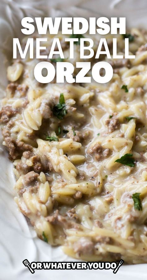 Swedish Meatball Hotdish, Cold Orzo Recipes, Orzo Stroganoff, Hamburger And Orzo Recipes, Orzo And Hamburger Recipes, Orzo And Ground Beef Recipes, Ground Beef And Orzo Recipe, Premade Meatball Recipes, Meatball Orzo