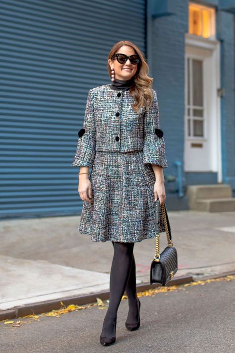 Gal Meets Glam Collection Tweed Tweed Dress Outfit Classy, Tweed Dress Winter, Tweed Dress Outfit, Tweed Skirt Set, Ivory Sweater Dress, Conference Outfit, Tweed Fashion, Tan Suede Boots, Tweed Outfit