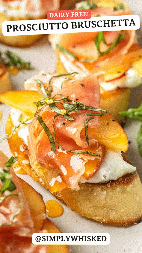 Don't miss out of this summer's best appetizer! This prosciutto bruschetta features the best that summer has to offer - crisp, toasted baguette slices topped with whipped dairy free feta, juicy peaches, salty prosciutto and fresh basil, drizzled with hot honey. Prosciutto Bruschetta, Peach Appetizer, Easy Stir Fry Sauce, Toasted Baguette Slices, Prosciutto Appetizer, Cake Sandwiches, Easy Bruschetta Recipe, Stir Fry Sauce Easy, Hot Honey Recipe