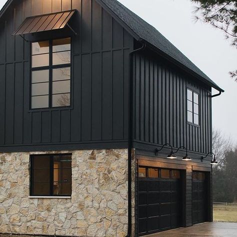 The 8 Options We're Deciding Between for Our Exterior! - Chris Loves Julia Black Garage Doors, Best Garage Doors, Black Houses, Board And Batten Siding, Black Board, Exterior Remodel, Exterior Stone, Farmhouse Exterior, Exterior Siding