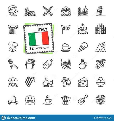 Italian Symbols, Simple Vector Illustration, Italy Tattoo, Italian Tattoos, Line Web, Petit Tattoo, Zestaw Ikon, Travel Icon, Web Icons