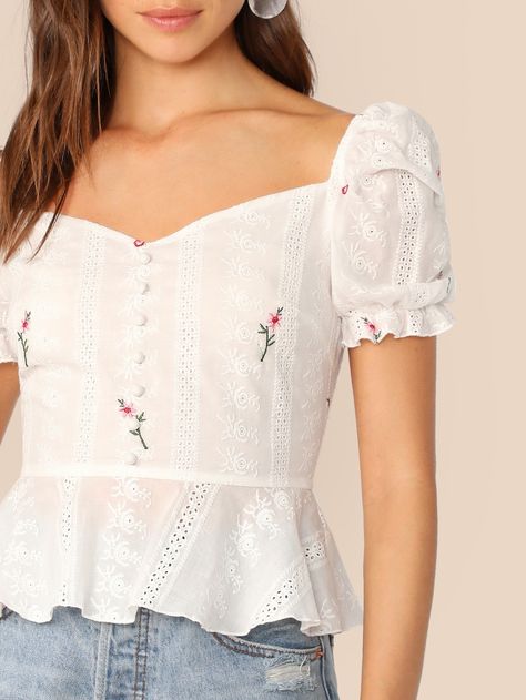 Frill Puff Sleeve Button Front Schiffy Peplum Top | SHEIN Frill Top Design, Stitched Kurti, Ruffles Pattern, Tunic Outfit, Creative Bookshelves, Outfit Elegantes, Fancy Tops, Eyelet Embroidery, Top Shein