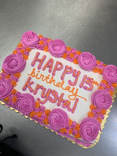 Pink And Orange Graduation Cake, Pink And Orange Birthday Cake Ideas, Pink And Orange Cake Aesthetic, Pink Square Cake, Orange Sheet Cake, Pink Orange Vintage Cake, Orange Sheets, Happy 13th Birthday, Orange Birthday