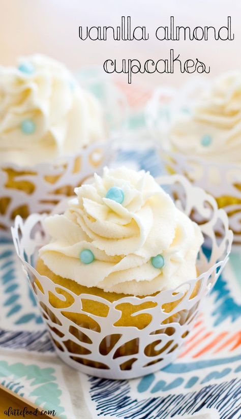 Vanilla Almond Cupcakes: These classic vanilla almond cupcakes are rich, decadent, and so delicious. Soft and dense and topped with the fluffiest frosting, these cupcakes are what dreams are made of. Frost Cupcakes, Almond Frosting, Almond Cupcakes, Fluffy Frosting, Fun Cupcake Recipes, Unique Cupcakes, Cupcake Flavors, Almond Flavor, Cupcake Frosting