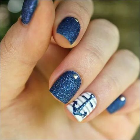 Nautical Nails, Anchor Nail Designs, Anchor Nail Art, Sea Nail Art, Sparkle Nail Designs, Anchor Nails, Cruise Nails, Navy Nails, Beach Nail Designs