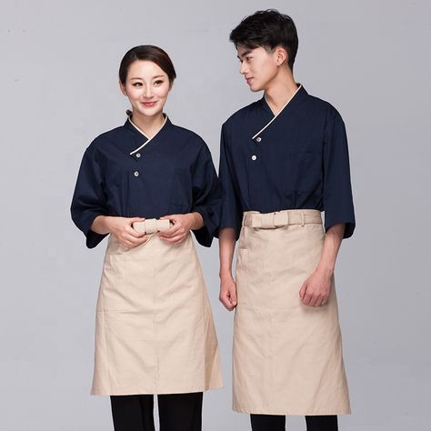 Kimono Uniform Restaurant, Chef Fashion Woman, Ramen Chef Uniform, Japanese Waiter Uniform, Sushi Chef Uniform, Japanese Chef Uniform, Chef Clothes Design, Japanese Restaurant Uniform, Chef Outfit Women Style