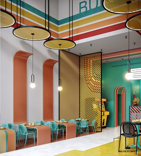 Retail Facade Design, Commercial Office Interior Design, Colorful Ceiling, Colorful Restaurant, Architectural Animation, Architecture Advertising, Modern Restaurant Design, Retail Facade, 3d Floor Plans