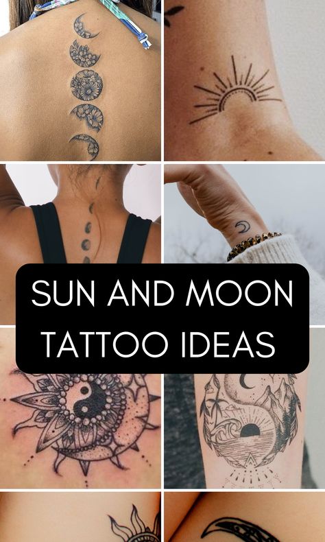 The Symbolic Meaning of Sun and Moon Tattoos - On Your Journey Sun Moon Mandala Tattoo Design, Pretty Sun And Moon Tattoos, Detailed Sun And Moon Tattoo, Moon Phase Neck Tattoo, Sun And Moon Phases Tattoo, Sun Phases Tattoo, Sun Tattoo Designs For Women Beautiful, Sun Tattoo Women, Moon Sun And Stars Tattoo