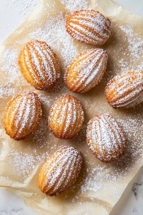 These soft, buttery Madeleines are golden with a hint of lemon and vanilla, perfect for a sweet, elegant treat that melts in your mouth with every bite! Madeline Recipe French, French Madeleines Recipe, Stuffed Madeleines, Madeleine Flavors, Lemon Madelines, Madeline Recipes, Madeleine Cookies Recipe, Madelines Recipe, French Madeleines