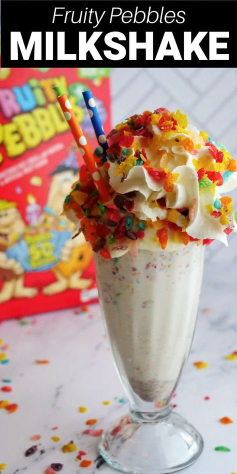 This Fruity Pebbles milkshake is a creamy vanilla ice cream milkshake infused fruity pebbles cereal and drizzled with strawberry syrup then topped with a heaping amount of whipped cream and more Fruity Pebbles as sprinkles. This colorful freak shake is my new favorite milkshake! Ice Cream Milkshake, Cereal Flavors, Fruity Pebble, Fruity Pebbles Cereal, Pebbles Cereal, Fun Drink Recipe, Milkshake Recipe, Strawberry Syrup, Milkshake Recipes