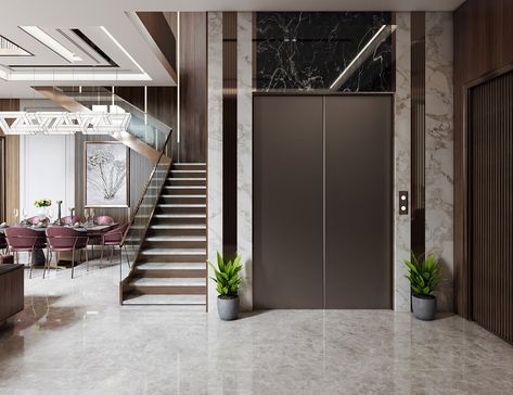 Double High Living Room, U Stairs Design, Lift Lobby Design Residential, Lift Wall Cladding Design, Lobby Design Residential, Lift Lobby Design, Elevator Lobby Design, B8 Architecture, Wall Cladding Designs