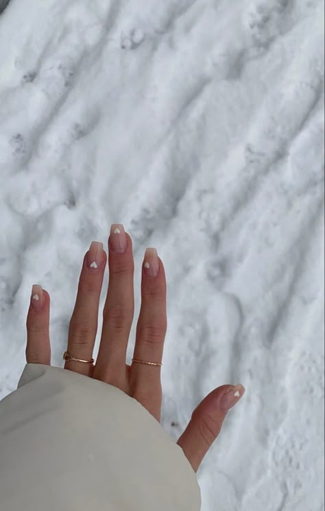 White Hearts On Nails, Heart Line Nails, Clear Nails With White Hearts, Nude With Hearts Nails, Milky White Nails With Pink Heart, Small White Heart Nails, White Heart On Nails, Milky White Nails With Heart Design, Valentine Nude Nails