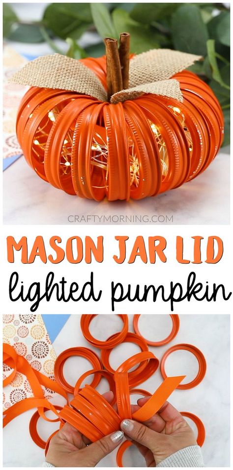 Mason Jar Lid Lighted Pumpkins- cute fall craft to make! Halloween DIY project. Cute mason jar lid rings craft. Cute fall decor for your home. #masonjarcrafts #lightedcrafts #pumpkincrafts #pumpkindecor #fallcraft #fall #falldecor #diy #diycrafts #craftymorning Lighted Pumpkins, Canning Ring Pumpkin, Lid Crafts, Mason Jar Lids Crafts, Jar Lid Crafts, Rings Craft, Mason Jar Pumpkin, Cute Fall Decor, Craft To Make