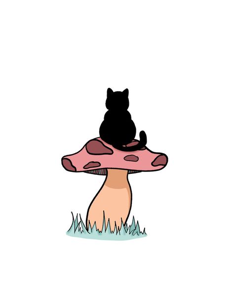 Mushroom Cat Painting, Cat And Mushroom Drawing, Cat On Mushroom Tattoo, Mushroom Doodle Cute, Simple Drawing Inspiration, Halloween Cats Drawings, Cat And Mushroom Tattoo, Cat Mushroom Tattoo, Mushroom Art Easy