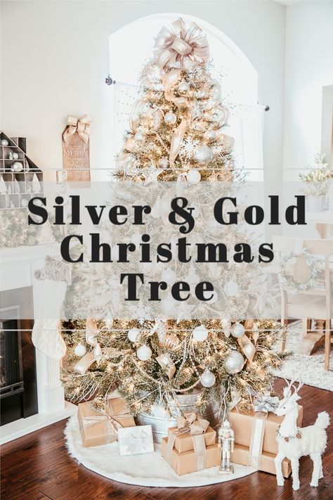 Silver And Glass Christmas Tree, Gold And Silver Tree Christmas, Silver And Gold Christmas Trees, Christmas Tree Ideas Silver And Gold, Silver Gold And White Christmas Tree, Silver And Gold Christmas Tree Decor, Gold Silver And White Christmas Tree, Gold And Silver Christmas Tree Ideas, White Gold And Silver Christmas Tree