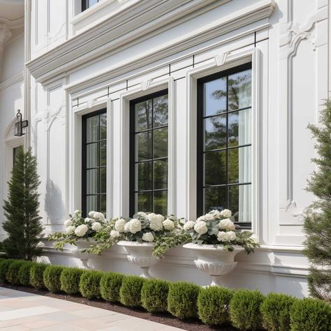 Foam Window Trim in Classic French Design for Exterior Beauty • 333+ Inspiring Lifestyle Ideas French Doors Across Front Of House, Architectural Mouldings Exterior, French Chateau Patio, French Chateau Landscaping, French Garden Backyard, Large Front Windows Exterior, Awnings Over Doors Entrance, French Provincial Facade, French Windows Exterior