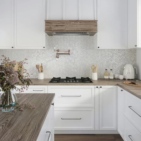 2023 Kitchen Trends, White Glass Backsplash, Butcherblock Countertops, Glass Subway Tile Backsplash, Herringbone Tile Pattern, Porcelain Hexagon Tile, White Glass Tile, White Hexagon Tiles, Backsplash Trends