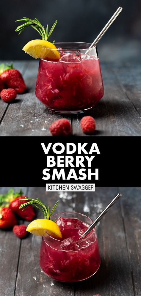 The berry vodka smash is a fruity and refreshing summer cocktail made with muddled fresh strawberries and raspberries, fresh rosemary, blackberry jam, honey syrup, and lemon juice. Can also be made with bourbon or rum. #summercocktails #vodkasmash #strawberrycocktail #blackberrycocktail Aperitif, Vodka Smash, Strawberries And Raspberries, Berry Cocktail, Summer Vodka Cocktails, Raspberry Cocktail, Strawberry Cocktails, Strawberry Vodka, Raspberry Vodka