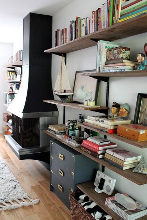 8 Spaces that Make Track Shelving Look Good | Apartment Therapy Track Shelving, Shelf Hardware, Makeup Room Decor, Estantes Flotantes, Home Center, Rustic Shelves, The Apartment, Space Saving Furniture, Wall Mounted Shelves