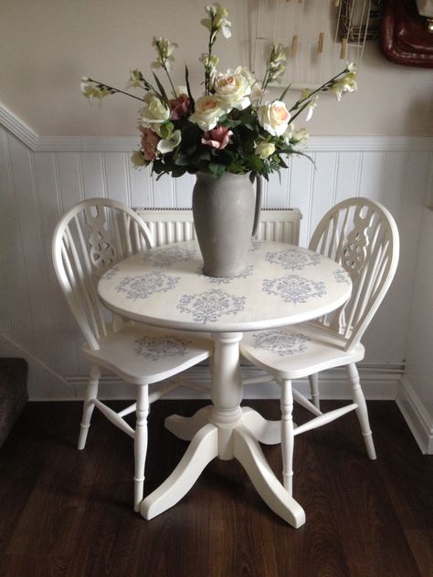 Small table and chairs stencil damask in regency white Autentico paint and french grey custom mix Painted by Home Revival Indoor Bistro Table, Bistro Set Indoor, Table And Two Chairs, Best Neutral Paint Colors, Small Table And Chairs, French Bistro Chairs, Bistro Kitchen, Bistro Furniture, Painted Furniture Colors