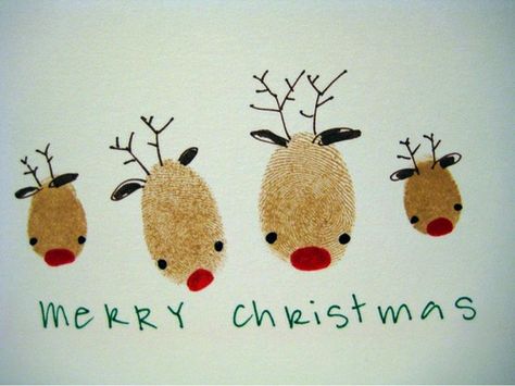 Reindeer Thumbprint Card Fun Christmas Cards, Homemade Christmas Cards, Handprint Crafts, Christmas Card Crafts, Groundhog Day, Diy Christmas Cards, Christmas Cards To Make, E Card, Christmas Crafts For Kids