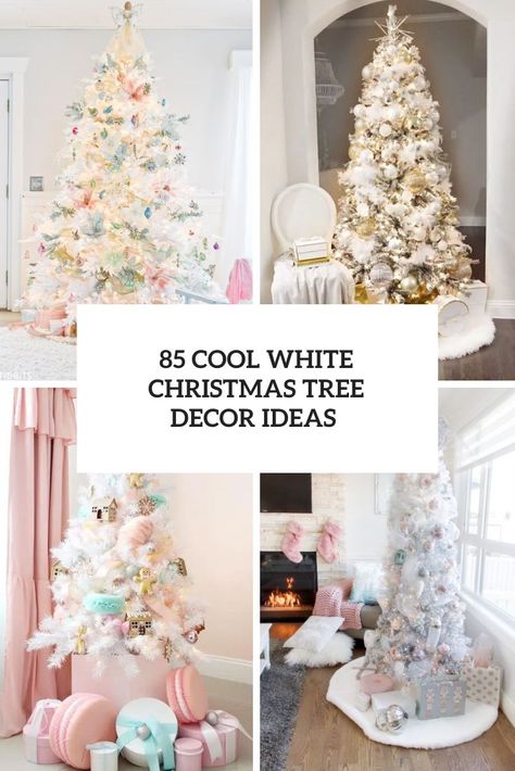 cool white christmas tree decor ideas cover Pastel, Whimsical White Christmas Tree, White Tree Ideas Christmas, White Christmas Tree Decorations Themes, Pencil Tree Decor, Small White Christmas Tree Ideas, Decorating A White Christmas Tree, Decorate A White Christmas Tree, White Christmas Tree Decor Ideas