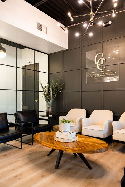 Office Waiting Rooms Reception Areas, Farmhouse Dental Office, Medical Office Ideas, Modern Office Lobby Design Waiting Area, Cosmetic Office Design, Black White Tan Interior Design, Insurance Agency Office Design, Modern Doctors Office Waiting Rooms, Small Office Lobby Design