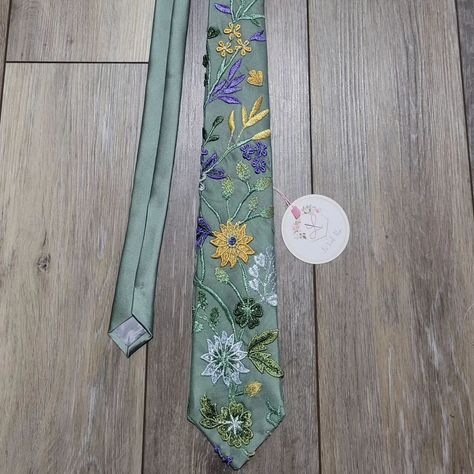 FLORAL TIES 🌿 Abby found my Lennox Ties on Etsy and asked if I could make one to match the lace on her wedding dress. I had this floral lace in my inventory a while back, so I knew immediately that we could make her vision come to life. The lace comes on a green tulle, which blends perfectly with my sage satin tie. 👌 https://lavoilerose.etsy.com #neckties #custom #handmade #veils #sewing #floral #wedding ##brideandgroom #style #etsy #embroidery Tie Embroidery, Floral Ties, Kutch Embroidery, Etsy Embroidery, Floral Veil, Embroidered Tie, Collection Ideas, Green Tulle, Embroidered Roses