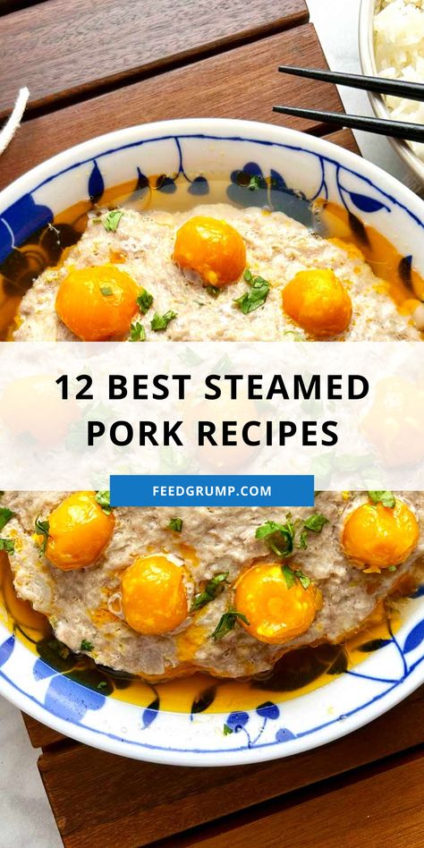 bowl of steamed pork patty with salted egg yolks Bamboo Steamer Recipes, Steamed Recipes, Pork Patties, Steamed Meat, Steamed Pork Buns, Steamed Pork, Ground Pork Recipes, Bamboo Steamer, Pork And Cabbage