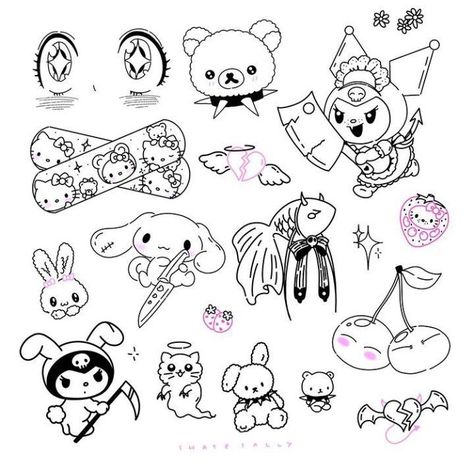 Kawaii aesthetic Sanrio cinnamoroll cute tattoo designs anime dark cute core line art hello kitty my melody kourmi Kawaii Flash Tattoo, Spooky Tattoo Flash, Cinnamoroll Tattoo, Tattoos Spooky, Kitty Tattoos, Tattoos Cute, Hello Kitty Tattoos, Sharpie Tattoos, Kawaii Tattoo