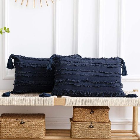 AmazonSmile: DEZENE Navy Throw Pillow Cases: 2 Pack 12x20 Inch Boho Stripe Cotton Linen Rectangular Decorative Pillow Covers with Tassels for Farmhouse Couch Sofa Chair, Navy Blue : Home & Kitchen Farmhouse Couch, Apartment Accessories, Navy Throw Pillows, Boho Throw Pillow, Beaded Pillow, Fall Pillow Cover, Boho Throws, Boho Throw Pillows, Farmhouse Living Room