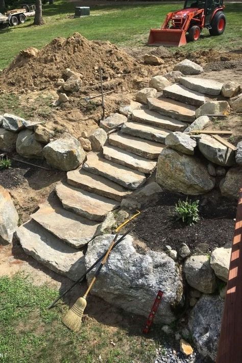 Natural stone steps installed. Natural Stone Steps, Entryway Landscaping, Lake Landscaping, Sloped Backyard Landscaping, Garden Decoration Ideas, Sloped Yard, Stone Landscaping, Sloped Backyard, Stone Steps