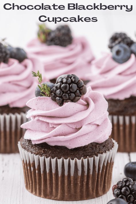 Chocolate Blackberry Cupcakes - Delicious chocolate cupcakes topped with a decadent blackberry buttercream frosting. Blackberry Chocolate Cake Recipe, Chocolate Cupcakes With Blackberry Buttercream, Chocolate Blackberry Cupcakes, Chocolate Berry Cupcakes, Blackberry Cupcakes Recipes, Birthday Cupcakes Chocolate, Chocolate Cupcakes With Filling, Blackberry Icing, Berry Cupcake Recipes