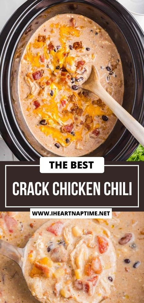 This crack chicken chili is made with juicy shredded chicken, bacon, ranch, and cheeses combined with beans, corn, and chili seasoning. Smoked Chicken Chili Recipe, Shredded Chicken Bacon Ranch, Crockpot Treats, Chili With Bacon, Bacon Chili Recipe, Juicy Shredded Chicken, Easy Chicken Chili, Chicken Chilli, Shredded Chicken Crockpot